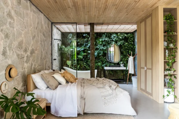 Quarto de casal decoração moderna com móveis planejados e iluminação - RSAI Arquitetura