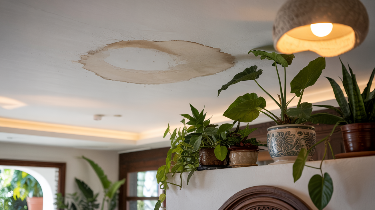 Infiltração teto residencial com goteiras e danos causados por água - RSAI Arquitetura